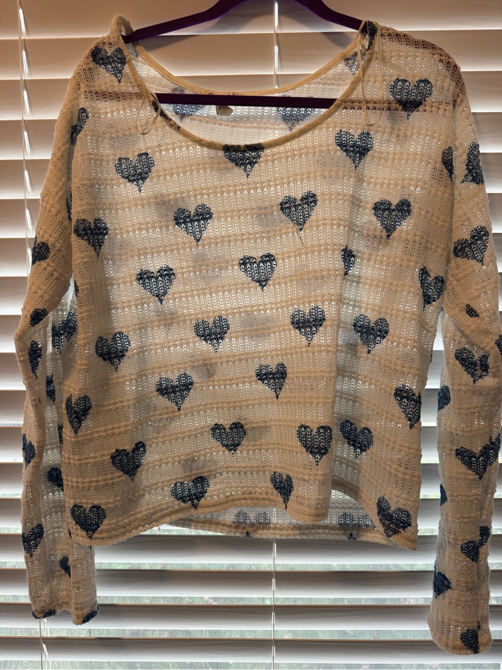 Aeropostale Cream Open-Knit Sweater with Navy Heart Print
